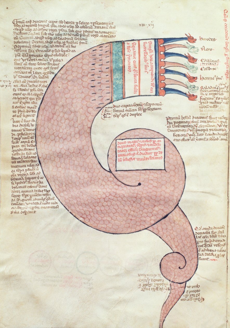 ms.ASPi，CM 15，c.3v带有世界末日龙的文本页面，来自Liber Figurarum e le Proemisssiones Gioachimitiche by Joraim of Flora（c.1132-1202） 作者 意大利学校