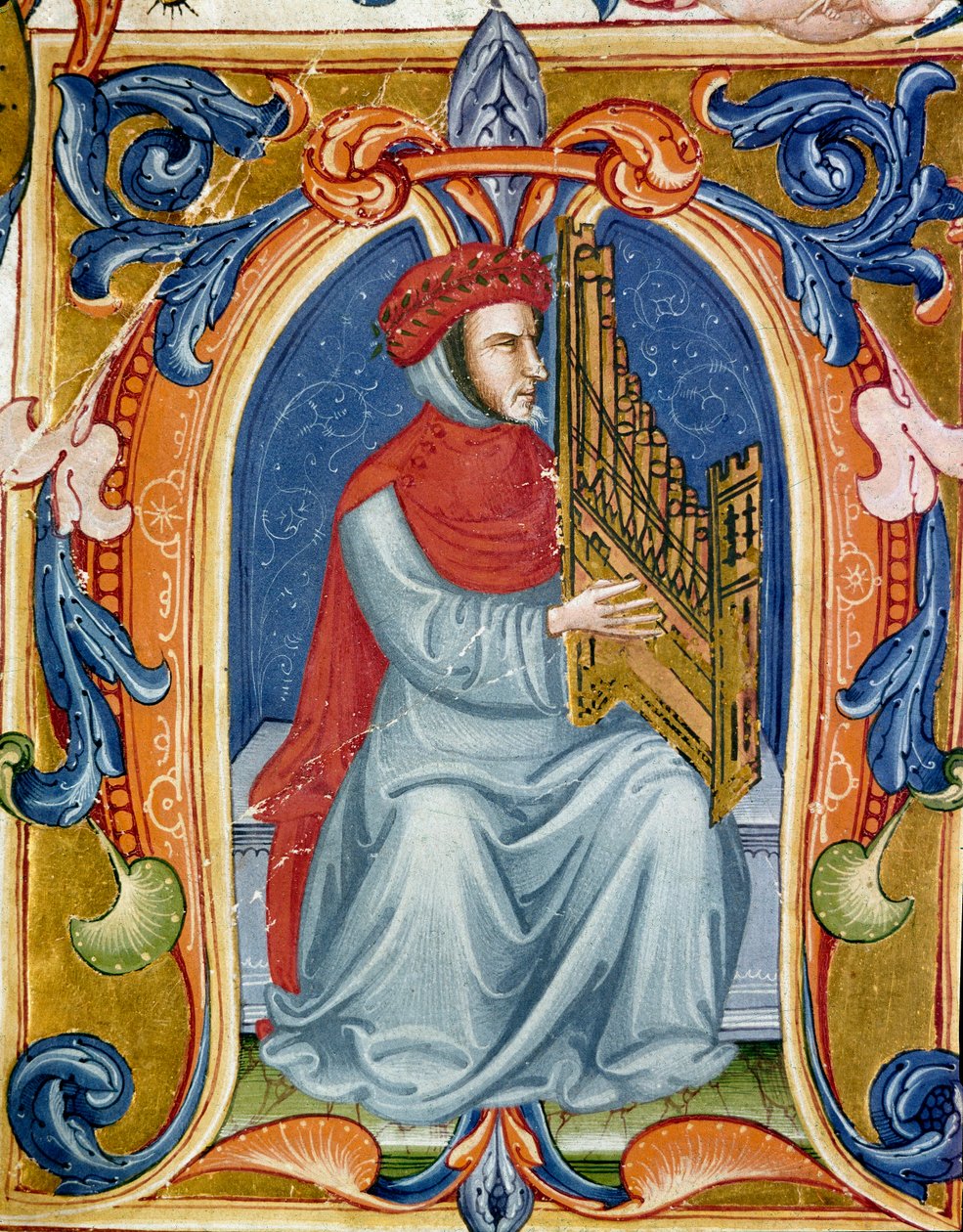 Francesco Landini 或 Landino（1325-1397 年）意大利作曲家、管风琴演奏家、歌手和诗人的肖像。15 世纪 Squarcialupi 抄本的缩影。佛罗伦萨，劳伦齐阿纳图书馆，Ms.Pal.87. 作者 意大利学校