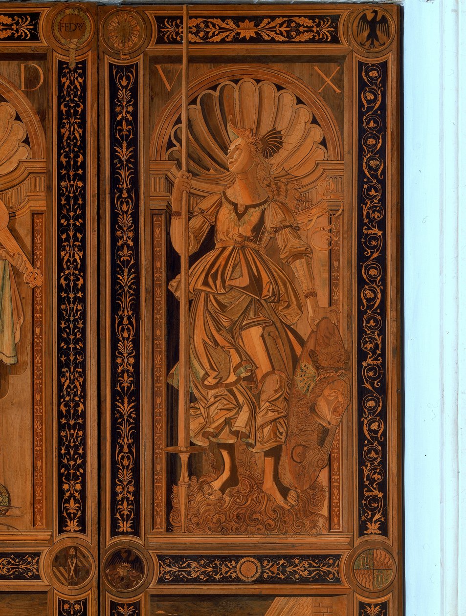 在Sala degli Angelo，Palazzo Ducale，乌尔比诺（木头）的门之一的细节 作者 意大利学校意大利学校