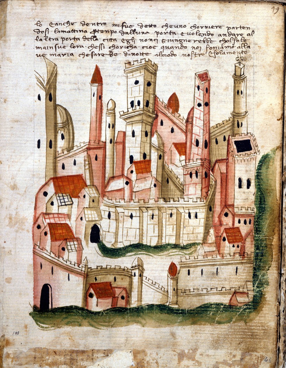 耶路撒冷城的景色，来自Libro dOltramare by Niccolo da Poggibonsi（笔和墨水和牛皮纸上的蛋彩画） 作者 意大利学校意大利学校