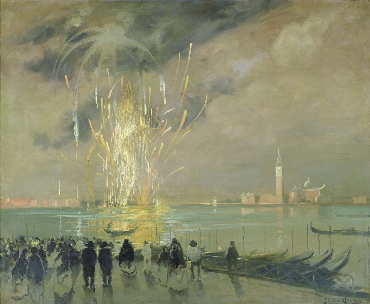 烟花在泻湖，c.1914 作者 Italico黄铜