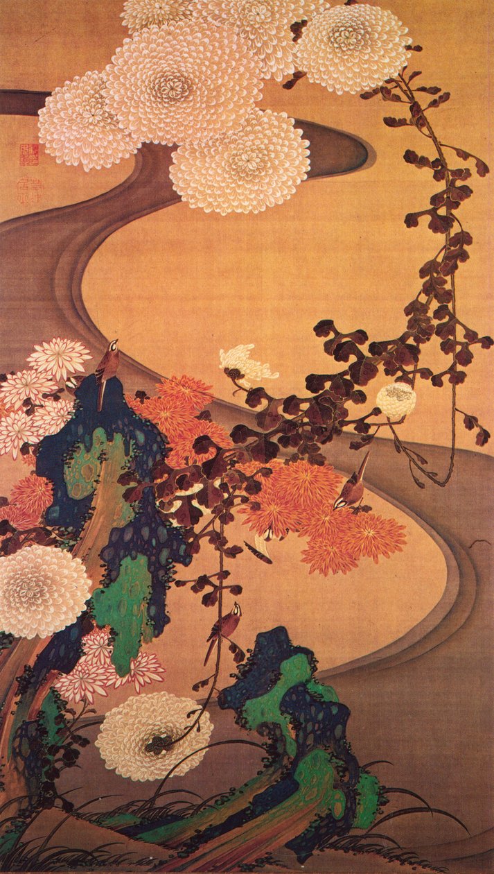 菊花由一条小溪，与岩石 作者 伊藤雅加中