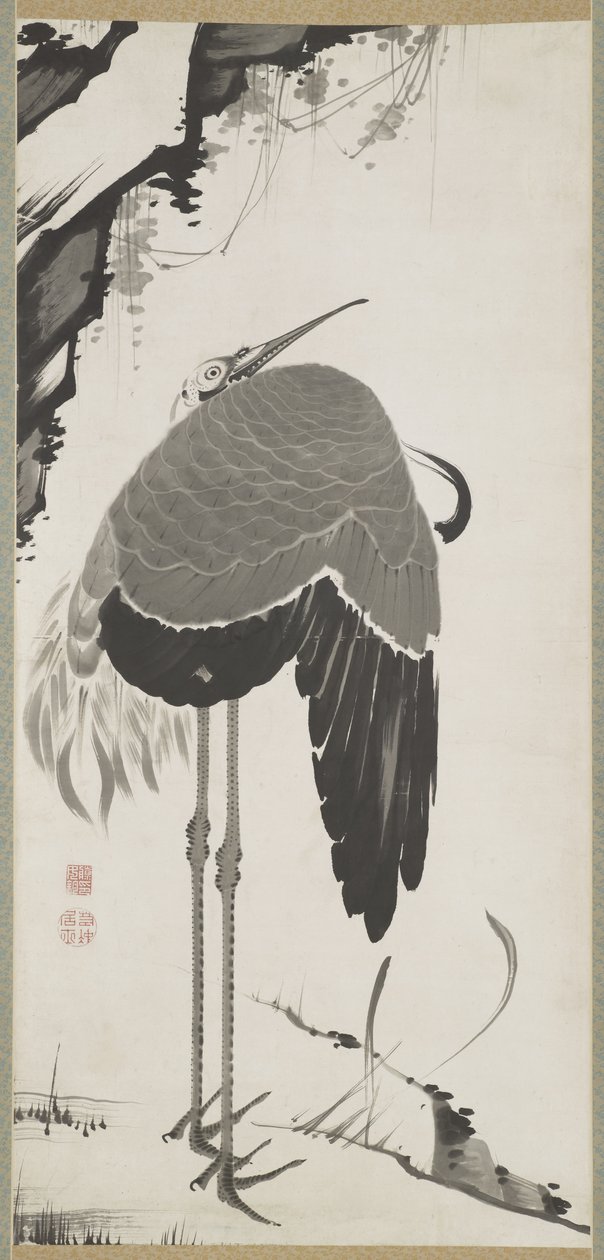 起重机，其中一对，悬挂滚动，江户时代（墨水在纸上） 作者 伊藤雅作