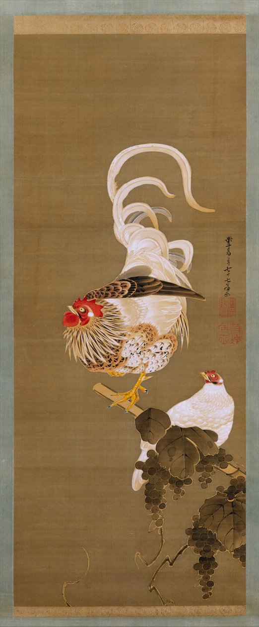 母鸡和公鸡与葡萄藤，1792年。 作者 伊藤雅作