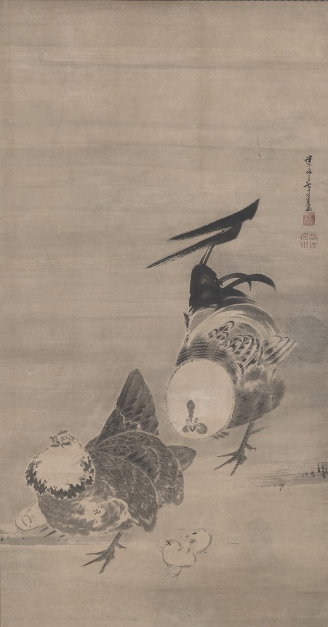 雄鸡，母鸡和小鸡，一对，1795年 作者 伊藤雅作