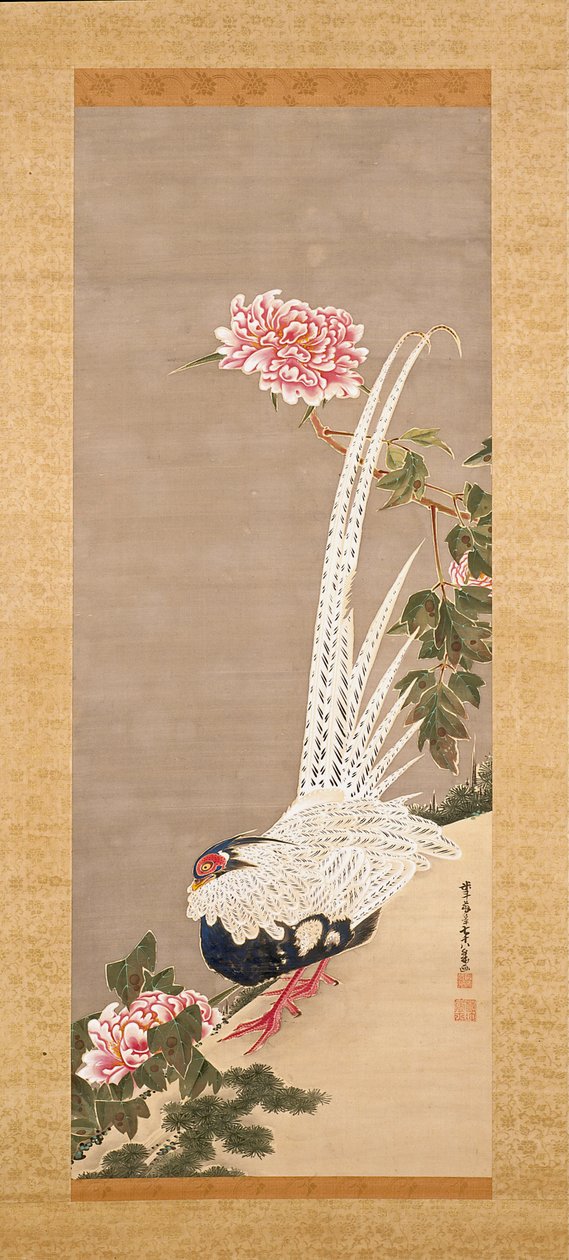 银雉与牡丹（绢本水墨设色） 作者 伊藤雅作