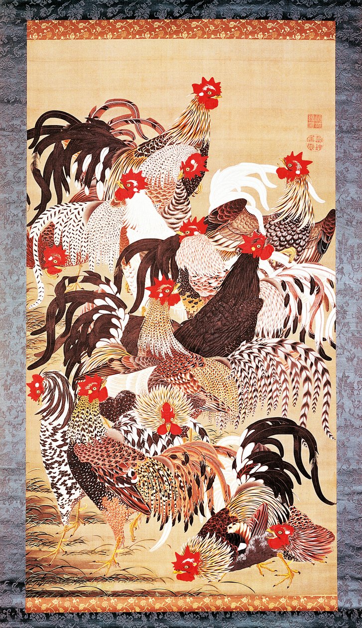 十三只公鸡，选自《多彩众生界》，江户时代，约 1757-66 年（绢本设色 作者 伊藤雅作