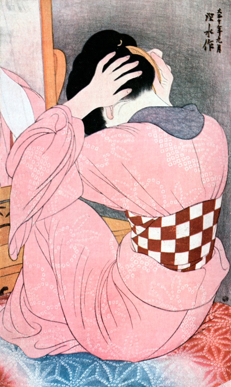 一个女孩在梳理她的头发》，或者，《带着腰带的女人》，约1921年。 作者 伊藤心水