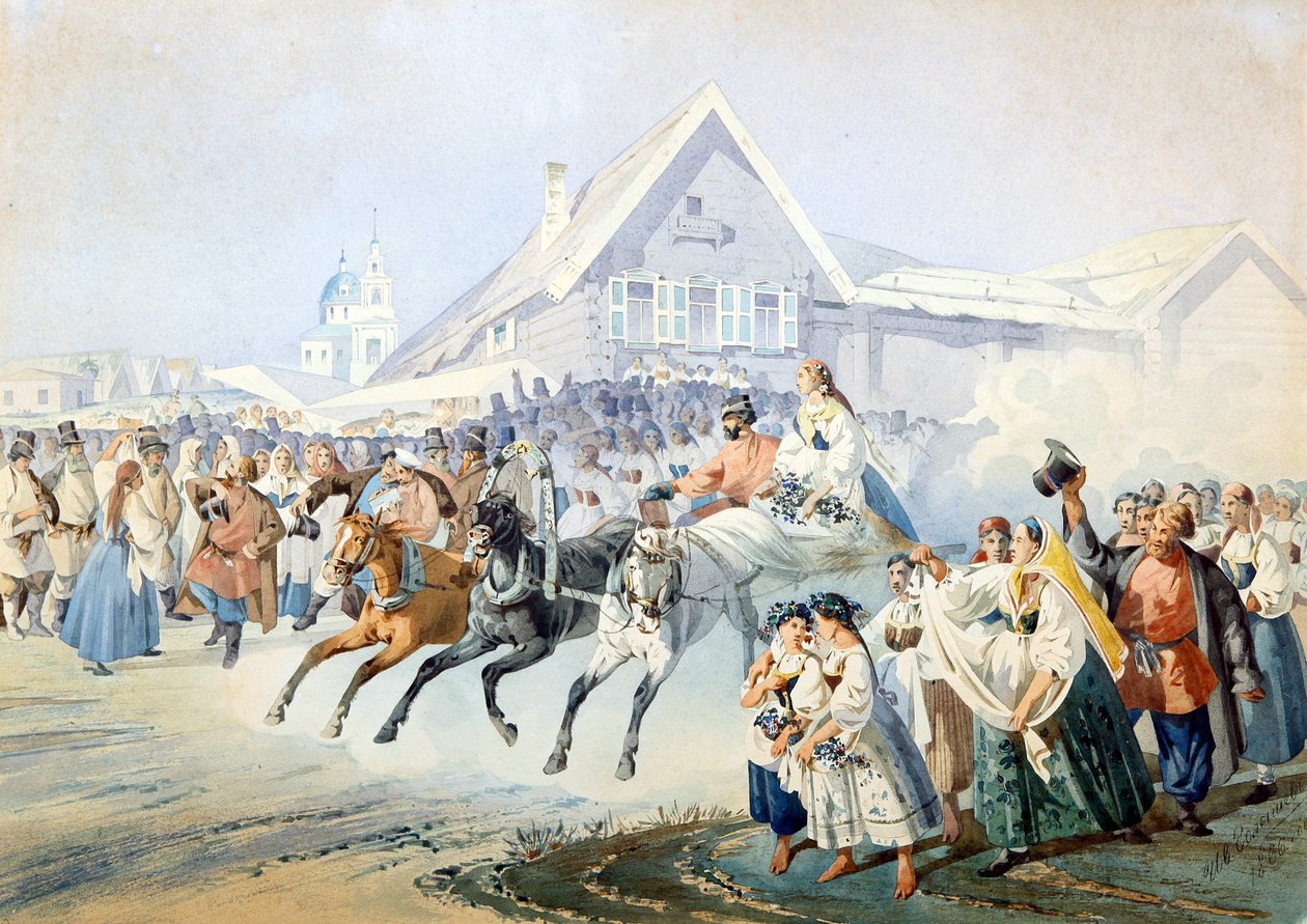 Scene de mariage - Wedding Scene par Golyshev, Ivan Alexandrovich (1838-1896), - Lithograph, watercolour, 33,5x47 - Private Collection 作者 伊万·亚历山德罗维奇·戈雷舍夫