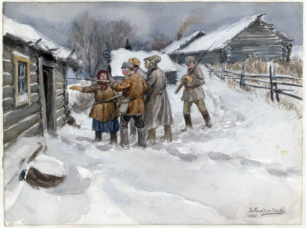 Avant la perquisition et la saisie - 在搜查和扣押之前（来自俄罗斯革命水彩画系列） - Vladimirov, Ivan Alexeyevich (1869-1947) - 1920 - 纸本水彩 - 25,6x34,3 - 私人收藏 作者 伊万·阿列克谢耶维奇·弗拉基米罗夫
