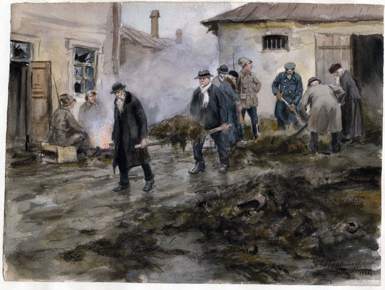 Bourgeois nettoyant une etable - 布尔乔亚打扫马厩（来自俄罗斯革命水彩画系列） - Vladimirov, Ivan Alexeyevich (1869-1947) - 1920 - 纸上水彩 - 25,8x34,4 - 私人收藏 作者 伊万·阿列克谢耶维奇·弗拉基米罗夫