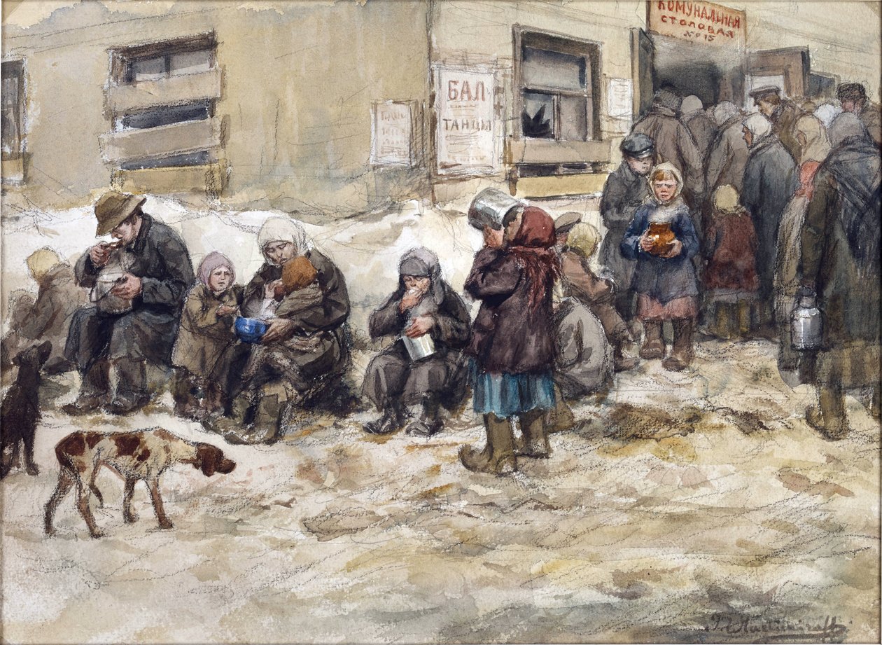 彼得格勒的饥饿岁月。伊万-阿列克谢耶维奇-弗拉基米洛夫（1869-1947 年）的作品 "公共餐厅"。纸面水彩、水粉画。私人收藏 作者 伊万·阿列克谢耶维奇·弗拉基米罗夫