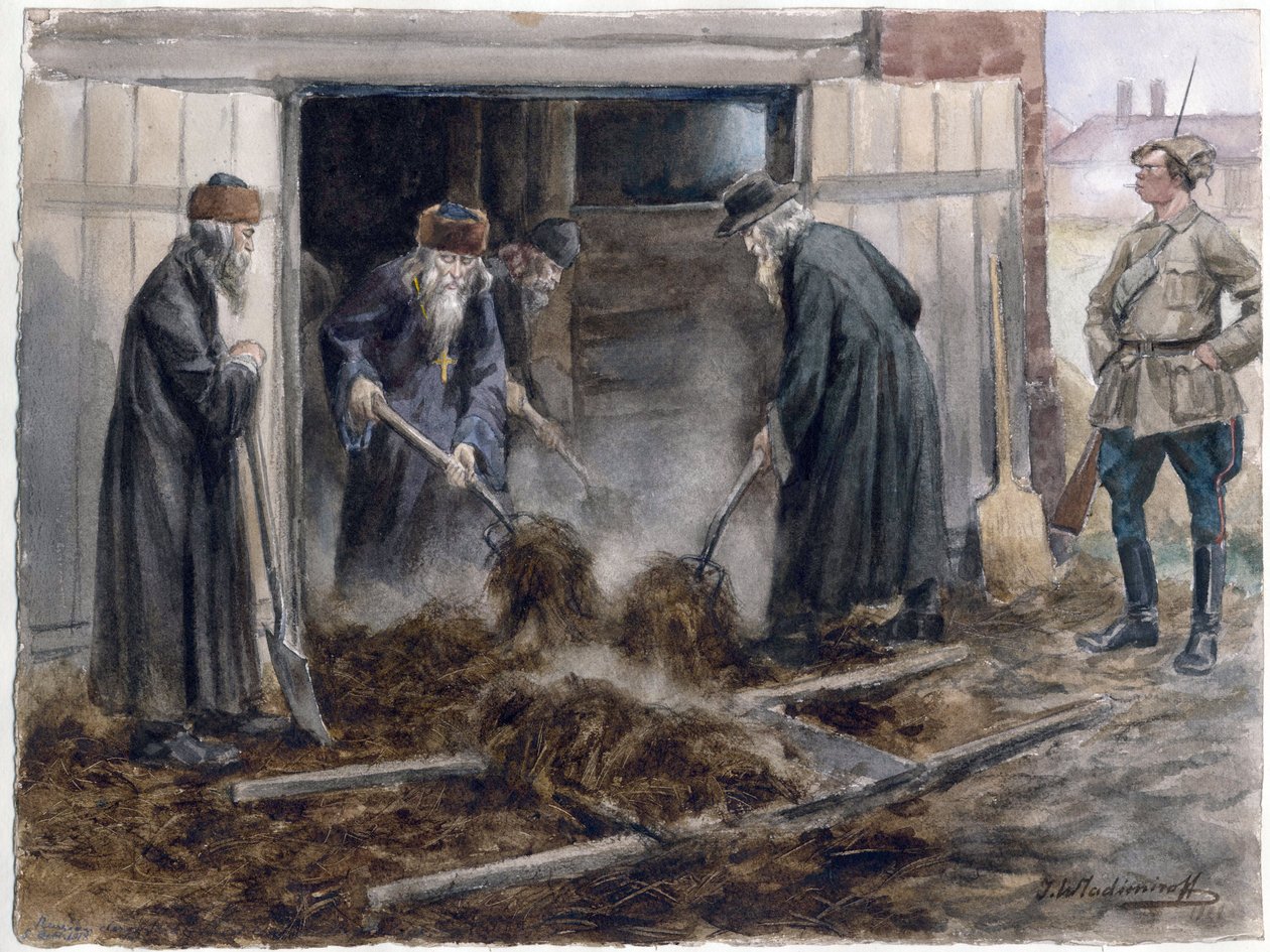 Le clerge russe pelletant le fumier - 俄罗斯神职人员铲干草：1918年9月（选自俄罗斯革命水彩画系列） - Vladimirov, Ivan Alexeyevich (1869-1947) - 1918 - 纸上水彩画 - 25,8x34,3 - 私人收藏 作者 伊万·阿列克谢耶维奇·弗拉基米罗夫