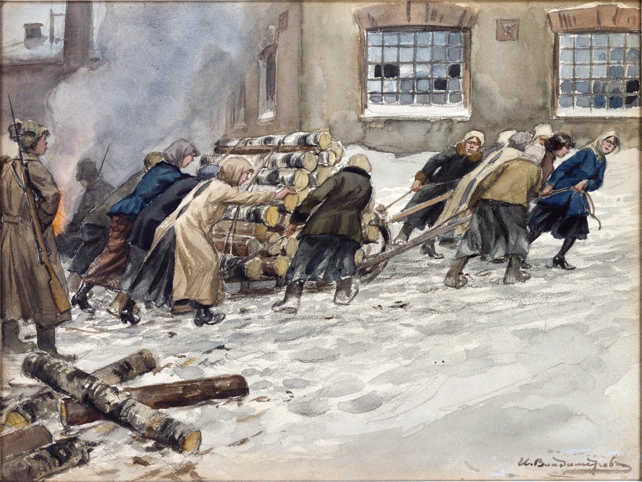 伊万-阿列克谢耶维奇-弗拉基米洛夫（1869-1947 年）的《征用木柴》。纸上水彩、水粉画 作者 伊万·阿列克谢耶维奇·弗拉基米罗夫