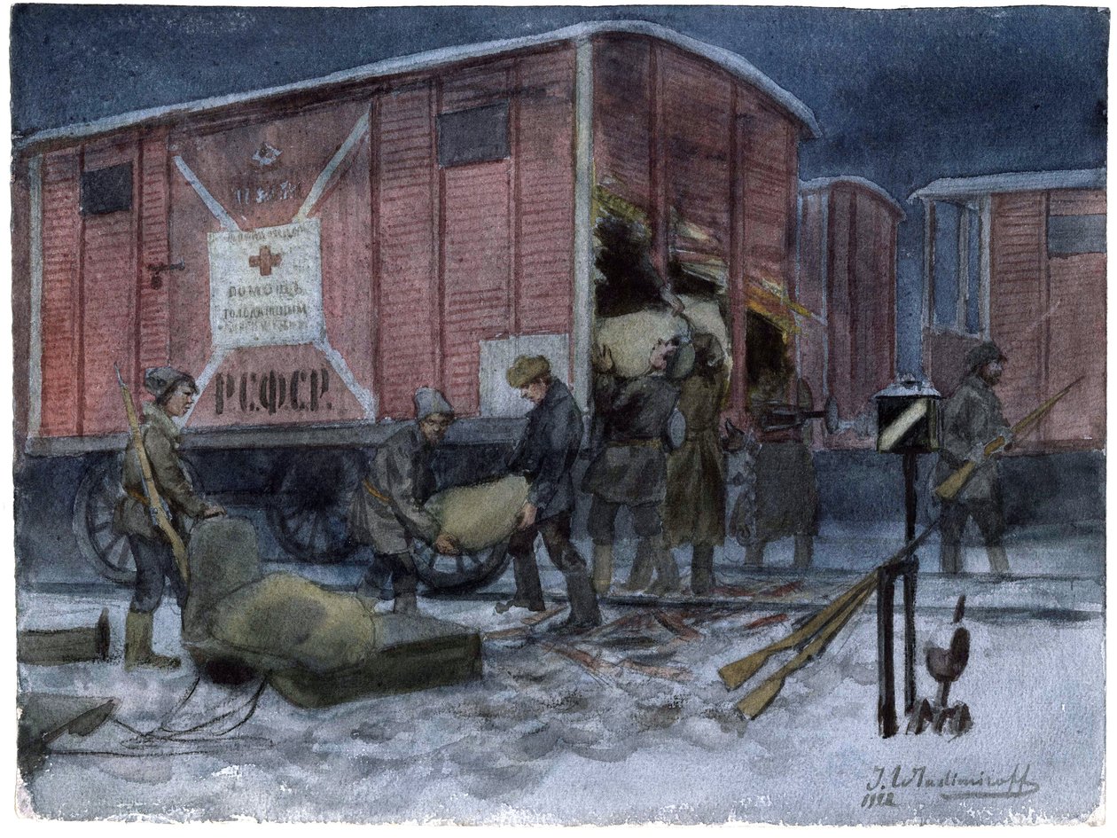 Soldats billant un wagon de chemin de fer - 士兵们掠夺铁路货车（来自俄罗斯革命水彩画系列） - Vladimirov, Ivan Alexeyevich (1869-1947) - 1922 - 纸本水彩 - 25,8x34,1 - 私人收藏 作者 伊万·阿列克谢耶维奇·弗拉基米罗夫