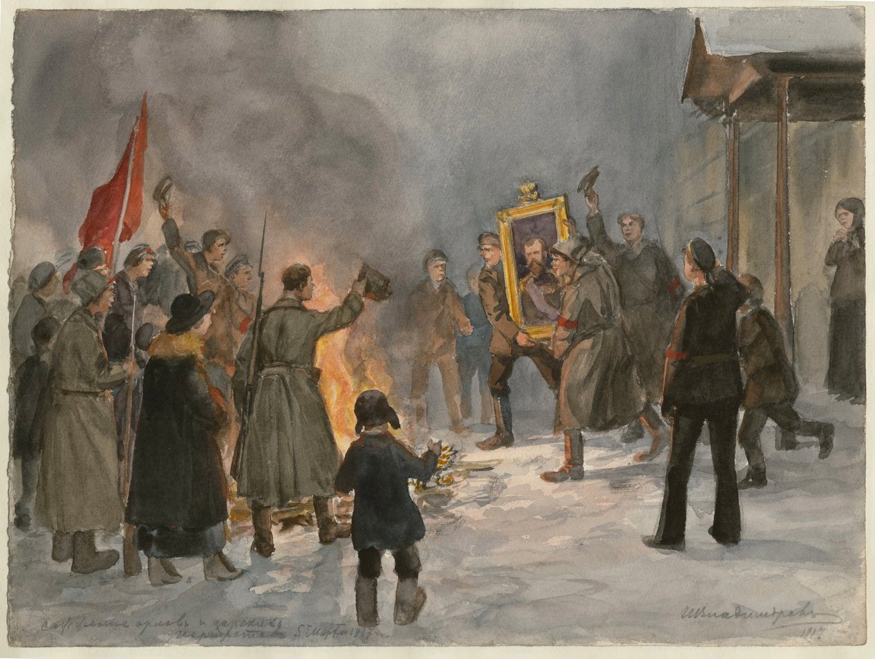 士兵焚烧油画（选自俄罗斯革命水彩画系列） - Oeuvre de Ivan Alexeyevich Vladimirov (1869-1947) - 1917 - 纸上水彩画 - 25,7x34,5 - 私人收藏 作者 伊万·阿列克谢耶维奇·弗拉基米罗夫