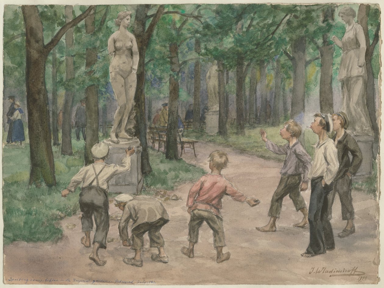 帝国花园的体育比赛：彼得格勒，1921年7月，水彩系列R 作者 伊万·阿列克谢耶维奇·弗拉基米罗夫