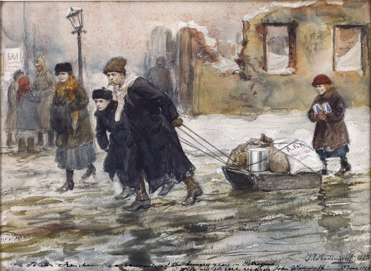 用雪橇运送食物，弗拉基米洛夫，伊万-阿列克谢耶维奇（1869-1947 年）。纸上水彩、水粉画 作者 伊万·阿列克谢耶维奇·弗拉基米罗夫