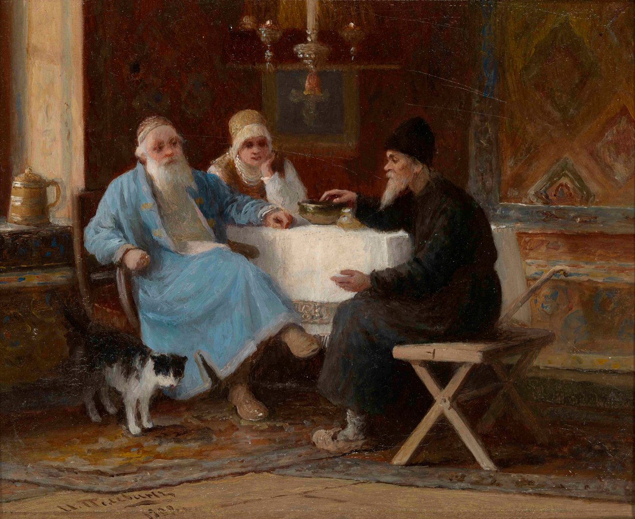 "对话 "桌旁的三个人物--画家 Ivan Andreyevich Pelevin（1840-1917 年） 1909 年 Dim 15x20 厘米 私人收藏 作者 伊万·安德烈耶维奇·佩列文