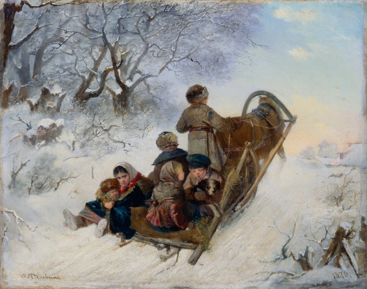 坐在马拉雪橇上的儿童，1870年 作者 伊万·安德烈耶维奇·佩列文