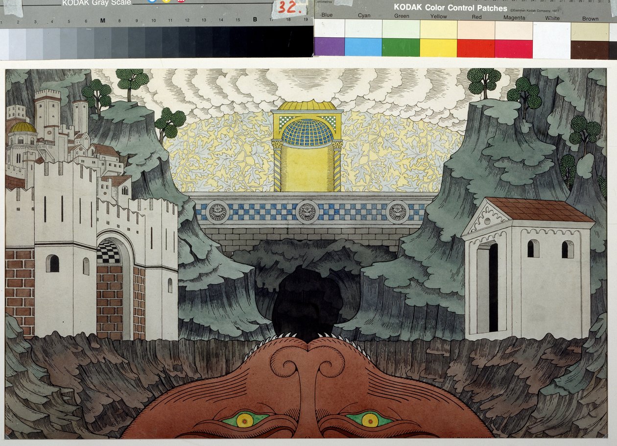 鲁特贝夫（1230-1285 年）的戏剧《Theophile 的奇迹》的舞台设计。伊万-雅科列维奇-比利宾（Ivan Yakolevich Bilibin）（1876-1942 年）的画作。纸面水彩和墨水，39.5 x 64 厘米 作者 伊万·雅科夫列维奇·比利宾