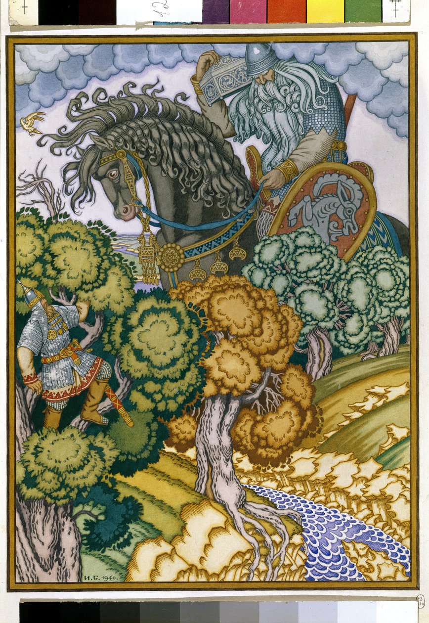 伊利亚-德-穆罗姆在树上观察巨人背着水晶箱归来。Ilia Muromets 和 Sviatogor》插图。伊万-雅科夫列维奇-比利宾（Ivan Yakovlevich Bilibin）（1876-1942 年）的作品，纸上水彩和水粉画 作者 伊万·雅科夫列维奇·比利宾