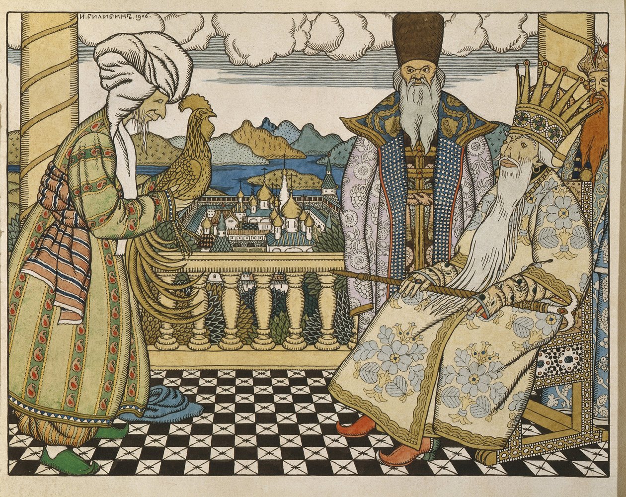 亚历山大-普希金（1799-1837 年）童话《金鸡》的插图。伊万-雅科夫列维奇-比利宾（Bilibin）（1876-1942 年）的作品，纸板上的水彩和墨水 作者 伊万·雅科夫列维奇·比利宾