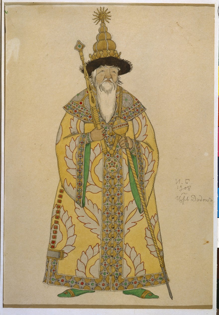 达东沙皇。尼古拉斯（尼古拉）-里姆斯基-科萨科夫（Rimski-Korsakov）（1844-1908 年）歌剧《金鸡》的服装。Oeuvre de Ivan Yakovlevich Bilibin (Bilibine) (1876-1942), aquarelle sur papier. 作者 伊万·雅科夫列维奇·比利宾