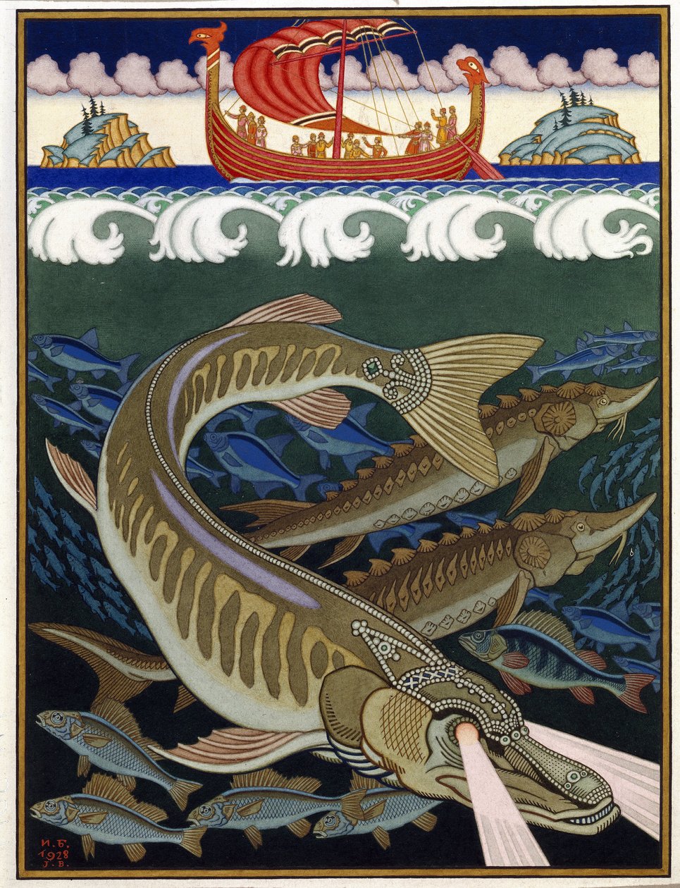 海洋帝国》。俄罗斯传统故事。伊万-雅科夫列维奇-比利宾（Ivan Yakovlevich Bilibin）（1876-1942 年）的作品，纸上水彩和水粉画 作者 伊万·雅科夫列维奇·比利宾