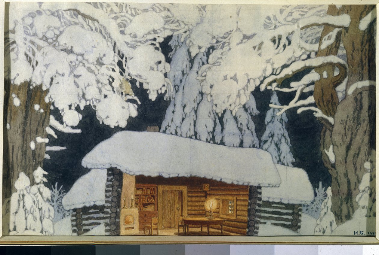 雪林中的木屋。苏沃洛夫司令 "戏剧的装饰。伊万-雅科夫列维奇-比利宾（Ivan Yakovlevich Bilibin）（1876-1942 年）的作品，纸上水彩和水粉画 作者 伊万·雅科夫列维奇·比利宾