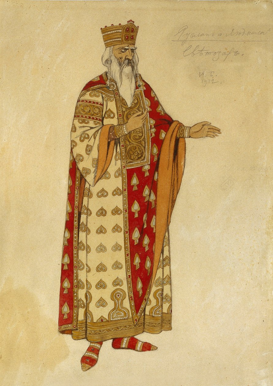 Mikhail Igor Glinka（1804-1857 年）歌剧《鲁斯兰与柳德米拉》的服装设计。伊万-雅科列维奇-比利宾（Bilibin）（1876-1942 年）的画作 作者 伊万·雅科夫列维奇·比利宾