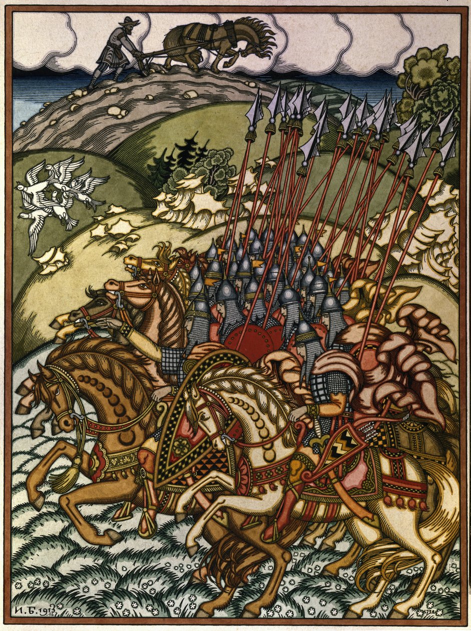Volga Sviatoslavich (Vseslav de Polotsk (vers 1039-1101), grand prince de Kiev de 1068 a 1069) et Mikula Selyaninovich (?).Oeuvre de Ivan Yakovlevich Bilibin (Bilibine) (1876-1942), lithographie 作者 伊万·雅科夫列维奇·比利宾