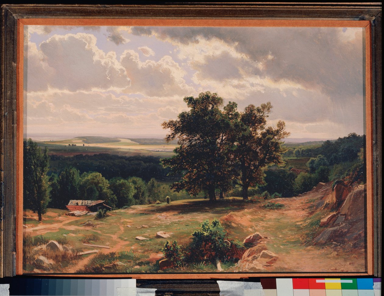 Les chenes, Paysage pres de Dusseldorf (Allemagne) - Oaks, Landscape near Dusseldorf - Peinture de Ivan Ivanovich Shishkin (Chichkine) (1832-1898), huile sur bois 作者 伊万·伊万诺维奇·希什金