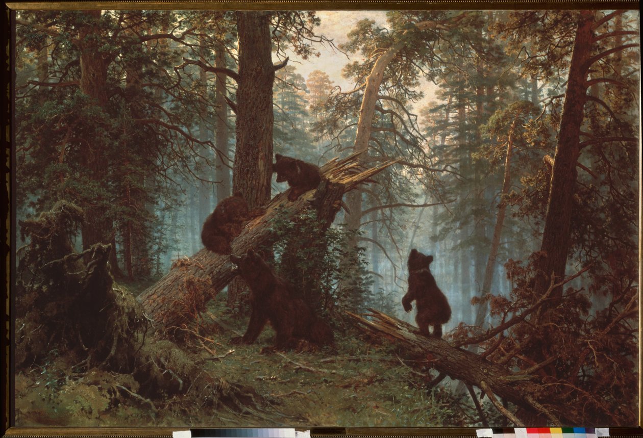 Matin dans une foret de pins（三只小熊爬上一棵倒下的树，它们的母亲在一旁看着）--松树林的早晨--伊万-伊万诺维奇-希什金（Chichkine）（1832-1898 年）的画作，布面油画 作者 伊万·伊万诺维奇·希什金