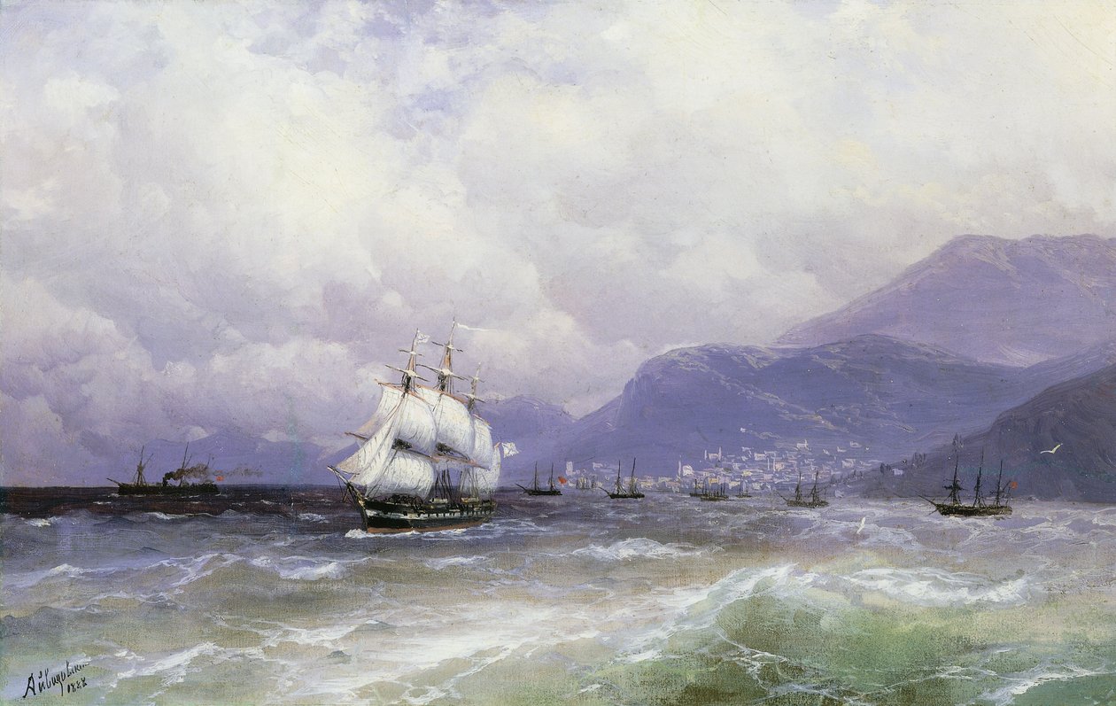 特雷比松（Trebizond）的海上风景与航运运输，1888年 作者 伊万·康斯坦丁诺维奇·艾瓦佐夫斯基