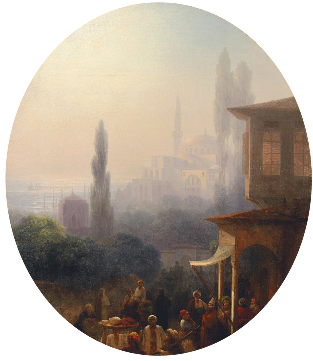 君士坦丁堡的市场场景，圣索菲亚大教堂（Hagia Sophia）超越，1860年 作者 伊万·康斯坦丁诺维奇·艾瓦佐夫斯基
