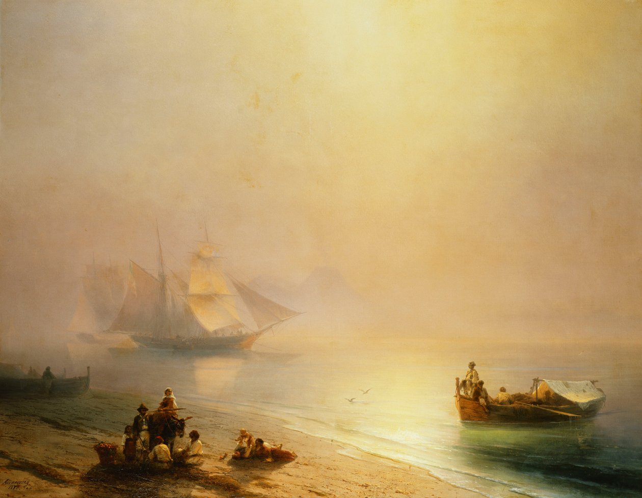 海边的渔民，那不勒斯湾，1873年 作者 伊万·康斯坦丁诺维奇·艾瓦佐夫斯基