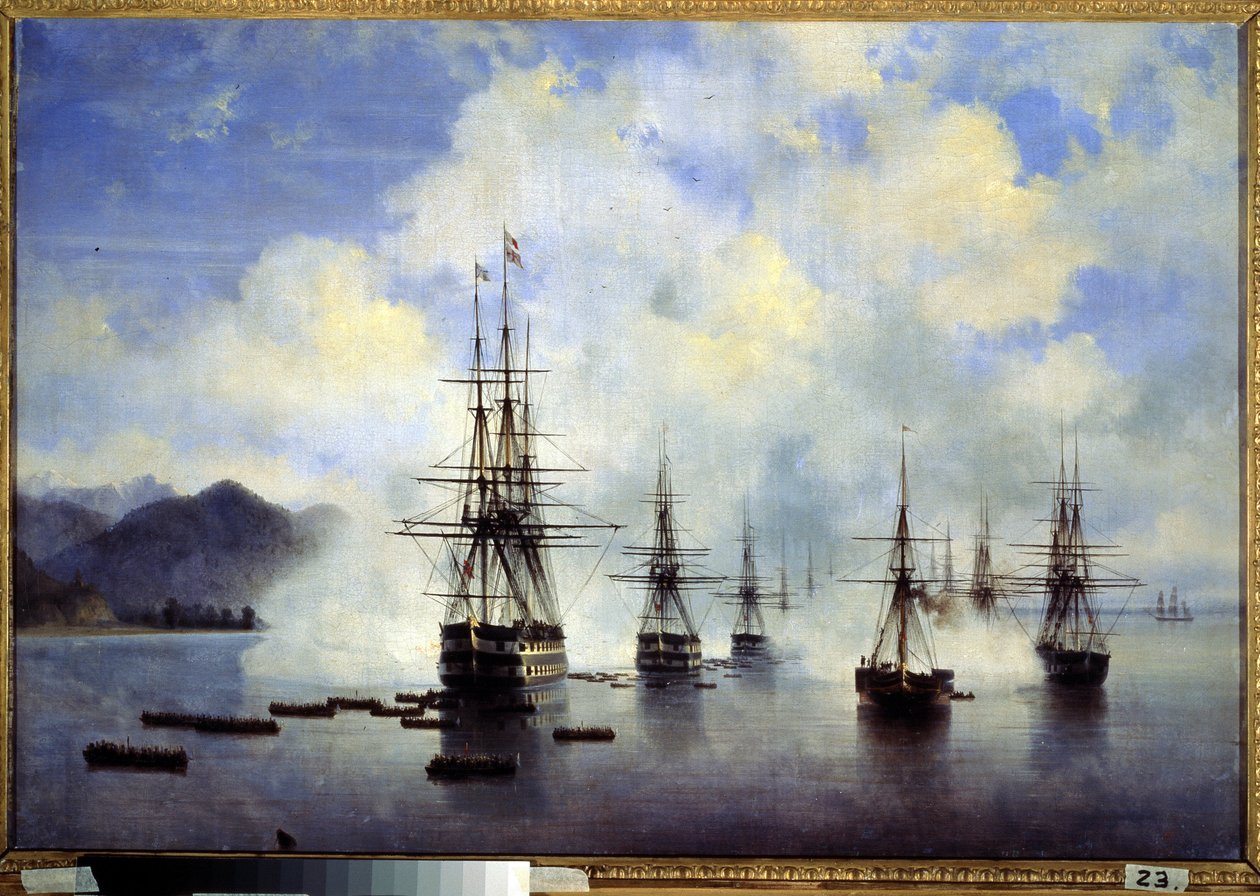 Le debarquement du general Nikolai Nikolaievitch Raievski, a Subashi (Ukraine) , en juillet 1839（1839 年 7 月 N.Raevsky 将军在苏巴什登陆）。Episode de la conquete du Caucase.Peinture de Ivan Konstantinovich Aivazovsky（《伊万-康斯坦丁-艾瓦佐夫斯基的画作》）。 作者 伊万·康斯坦丁诺维奇·艾瓦佐夫斯基