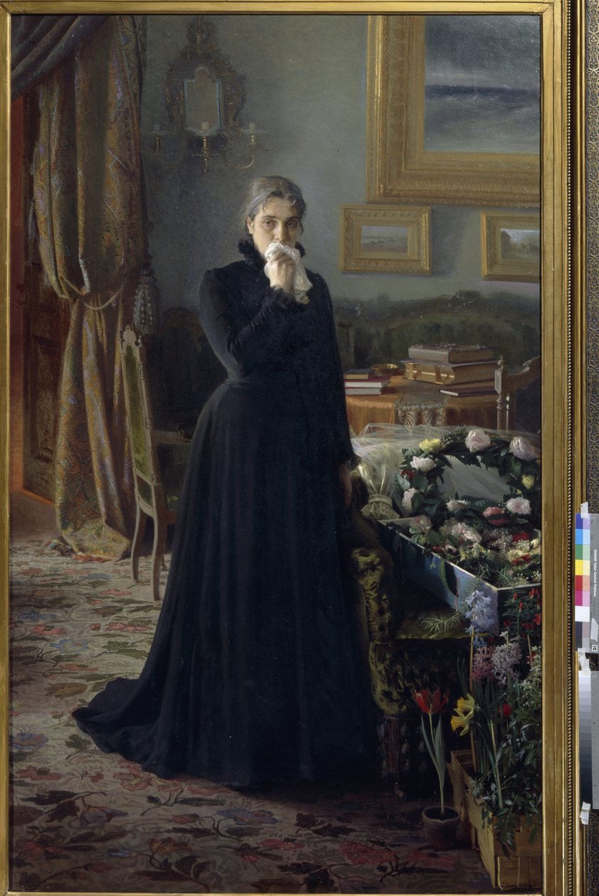 Douleur inconsolable (une femme, en deuil, debout pres du cercueil couvert de couronnes de fleurs)（难以平复的悲伤）--画家 Ivan Nikolayevich Kramskoi（1837-1887 年），布面油画 ( 228x141 厘米) 作者 伊万·尼古拉耶维奇·克拉姆斯科伊