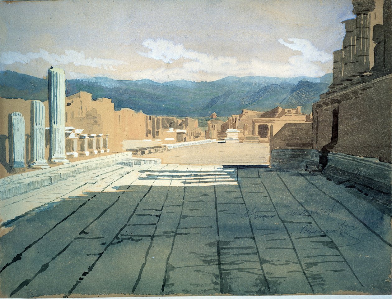 庞贝（意大利）（Pompeii）。那不勒斯湾的罗马废墟论坛的观点，在维苏威火山前。伊万-尼古拉耶维奇-克拉姆斯科伊（1837-1887）的作品，纸上水彩画 作者 伊万·尼古拉耶维奇·克拉姆斯科伊