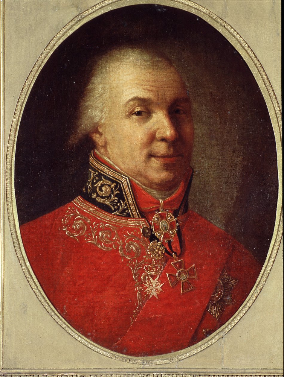 诗人加夫利尔．杰尔扎文（Gavril 或 Gavrila Derzhavin）（1743-1816 年）（诗人 Gavrill R. Derzhavin 的肖像）。伊万-彼得罗维奇-阿尔古诺夫（Ivan Petrovich Argunov）（1729-1802 年）的画作。布面油画，61 x 50 厘米，创作于 1801 年之前。俄罗斯艺术，18 世纪肖像画。 作者 伊凡（Ivan Petrovich）Argunov
