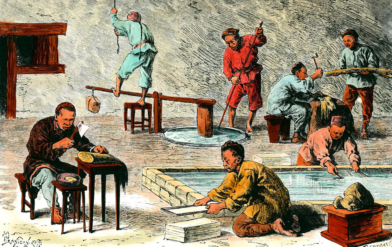 中国造纸：从树皮生产纸张的不同阶段。 伊万·普拉尼什尼科夫 (Ivan Pranishnikoff)（1841-1909）绘制的绘画。 19世纪私人收藏 作者 伊凡（Ivan Pranishnikoff）