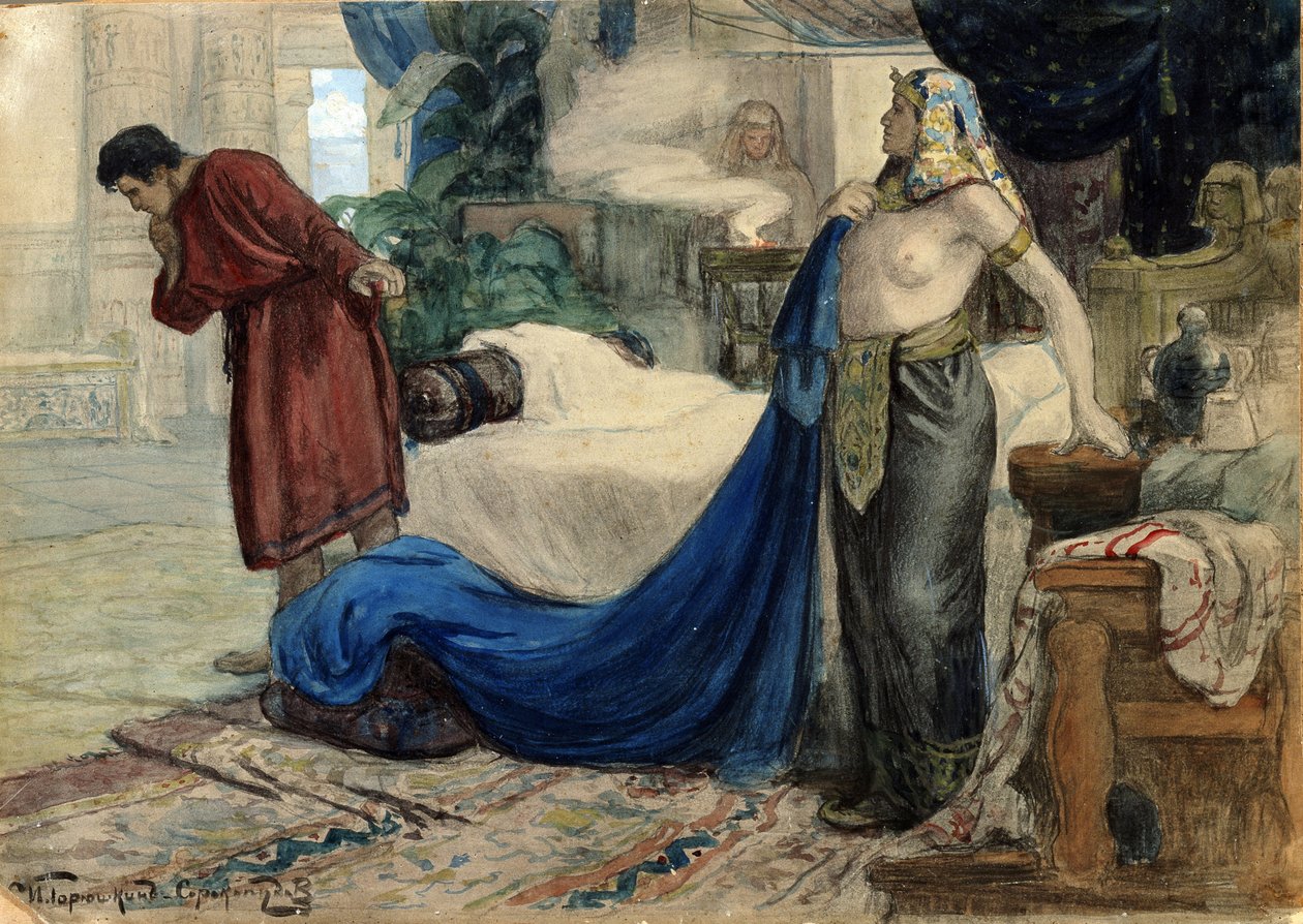 "约瑟夫和普提乏的妻子》，约 1900 年（水彩、水粉画） 作者 伊万·西里奇·戈留什金-索罗科普多夫