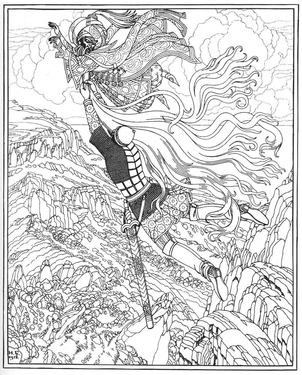 切尔诺莫和鲁斯兰的飞行。普斯金（A. Pushkin）的《鲁斯兰和柳德米拉》诗插图，1918年 作者 伊万·雅科夫列维奇·比利宾