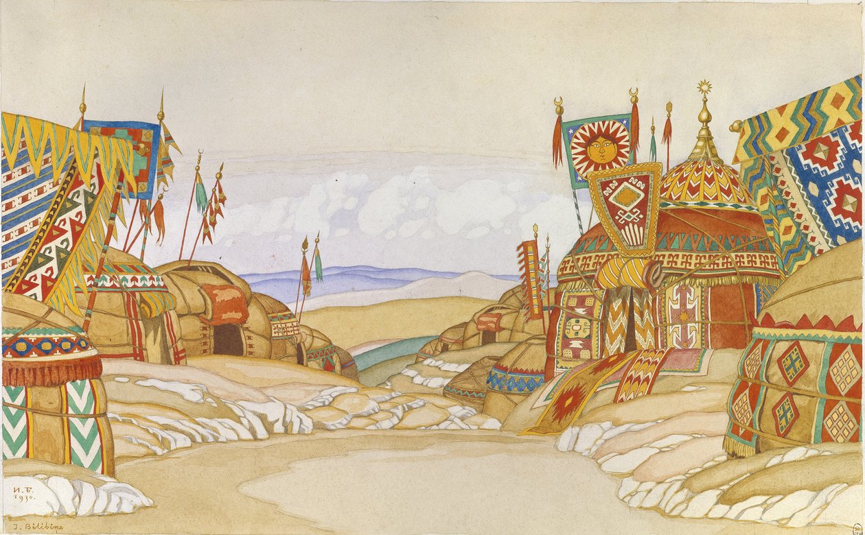 Polovtsian营地。 A. Borodin的歌剧伊戈尔王子的舞台设计，1930年 作者 伊万·雅科夫列维奇·比利宾