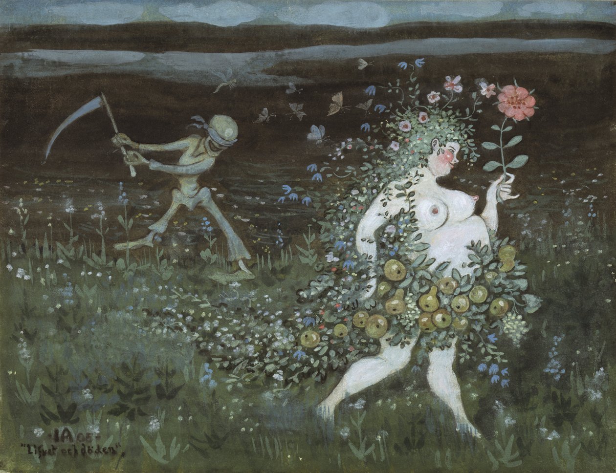 La Vie et la Mort - 生与死，作者Arosenius, Ivar (1878-1909)。水彩、水粉画，纸上 作者 伊娃（Ivar Axel Henrick Arosenius）