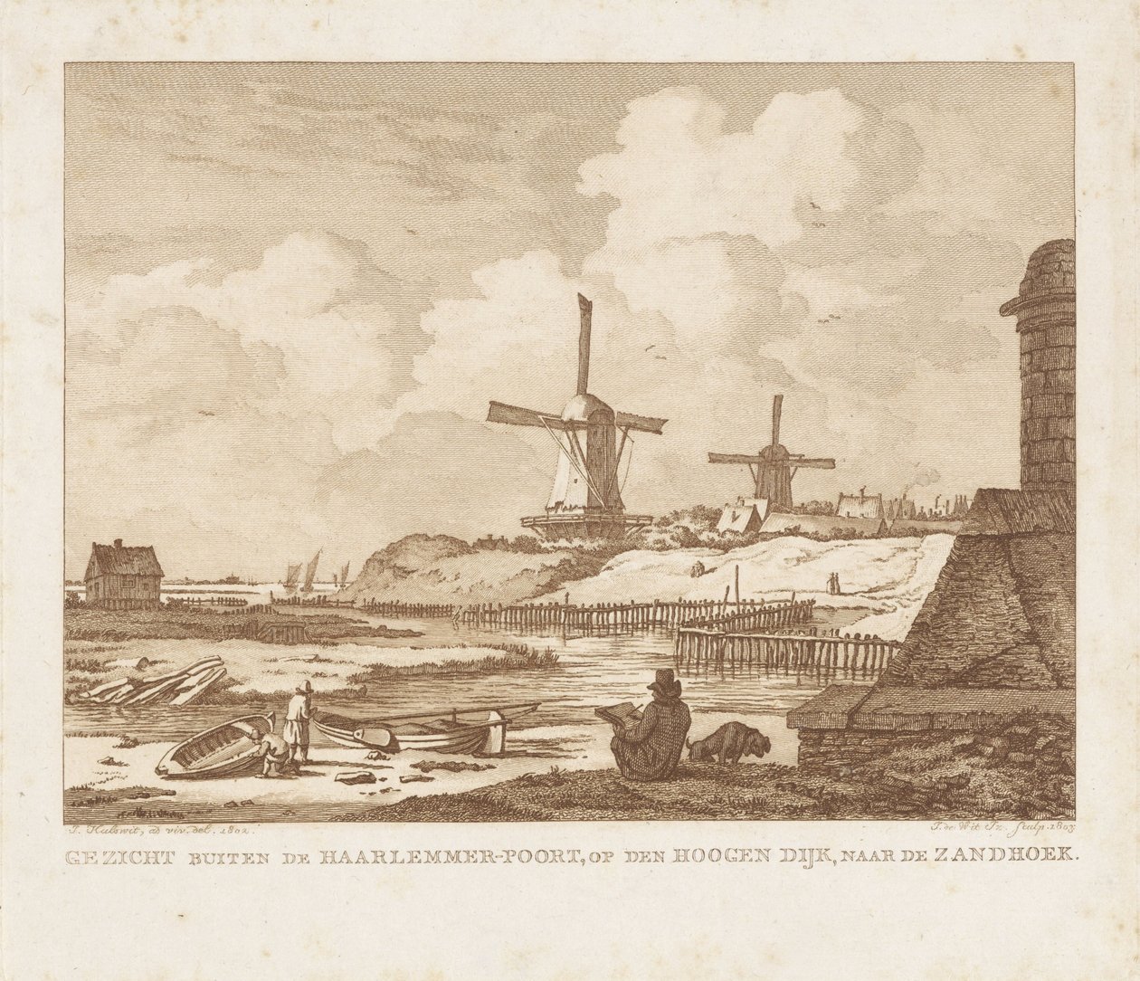 阿姆斯特丹 Haarlemmerpoort 外的景色和一位坐着的绘图员
阿姆斯特丹 Haarlemmerpoort 外的景色，位于 Hoogen Dijk 河上，朝向 Zandhoek（标题在实物上） 作者 伊扎克·扬斯。德维特