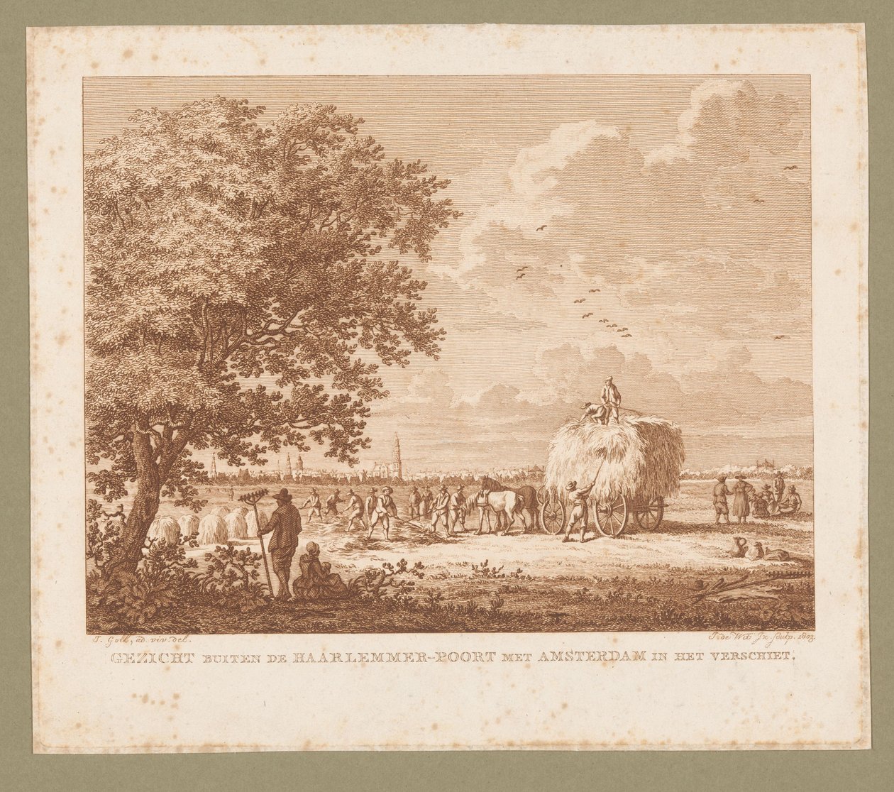 地平线上的阿姆斯特丹与打草农民的风景
Haarlemmer-Poort 外的风景，地平线上是阿姆斯特丹（标题在实物上） 作者 伊扎克·扬斯。德维特