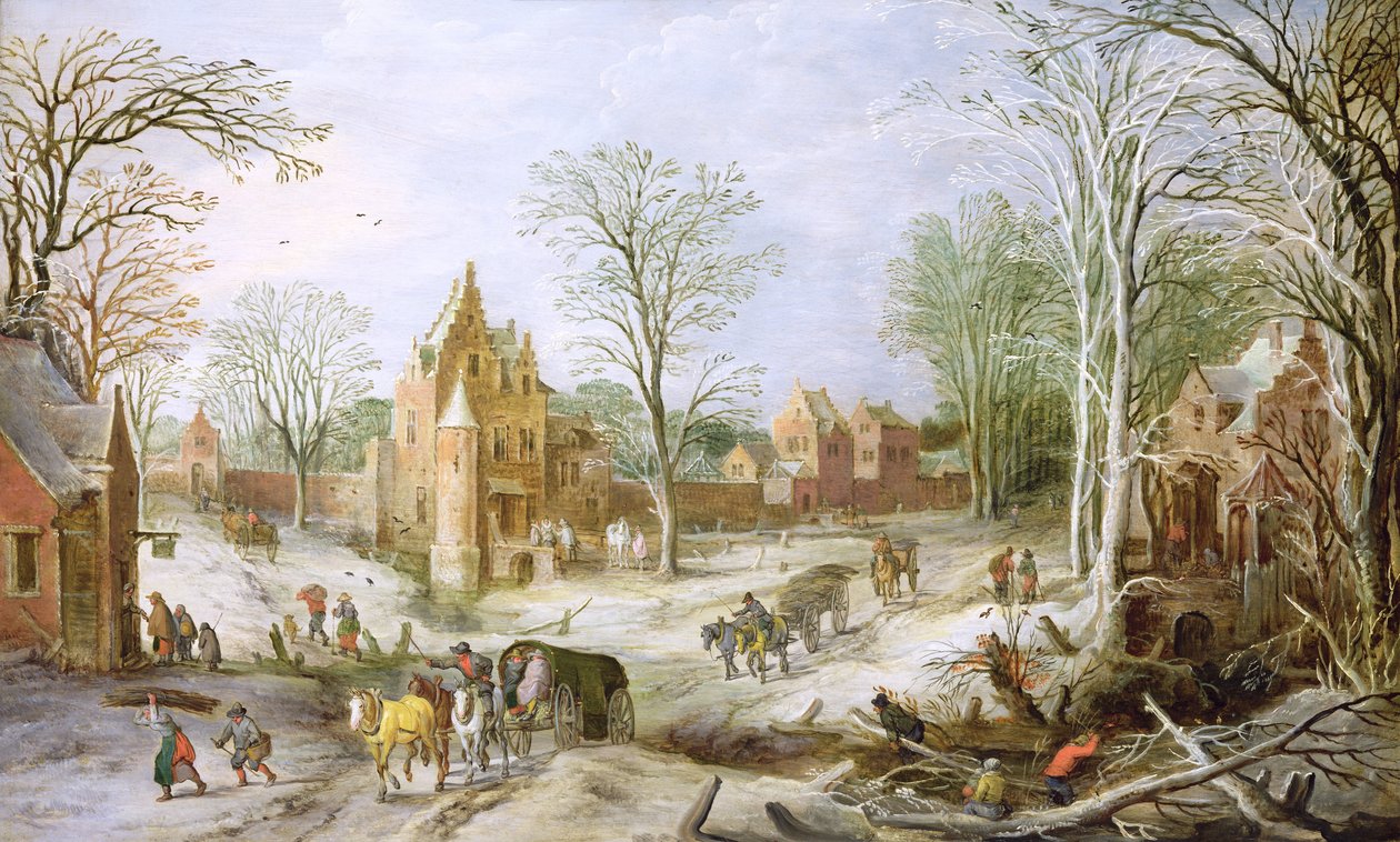树木繁茂的冬季景观与购物车（面板） 作者 J. and Momper，J。de Brueghel