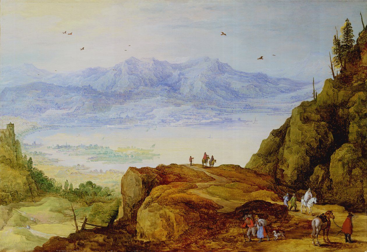 广阔的山地景观与湖泊 作者 J. and Momper，J。de Brueghel